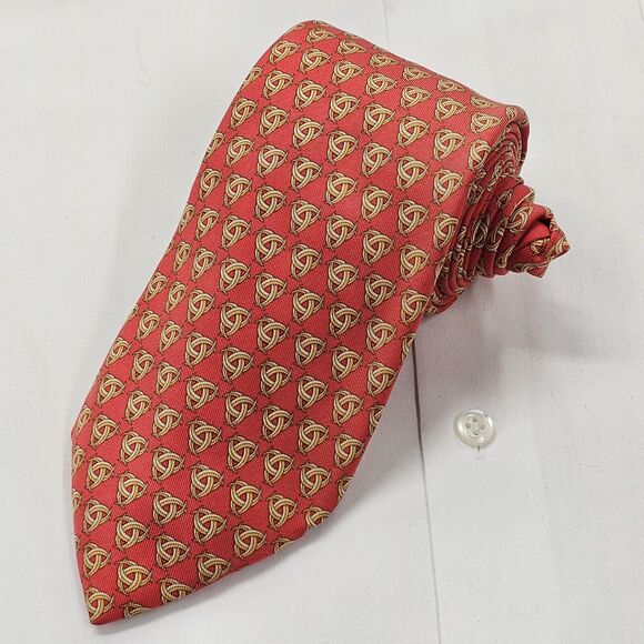 Hermes Necktie Men's Red Gold Luxury Celtic Knot Silk France Stylish 57.5 X 3.5